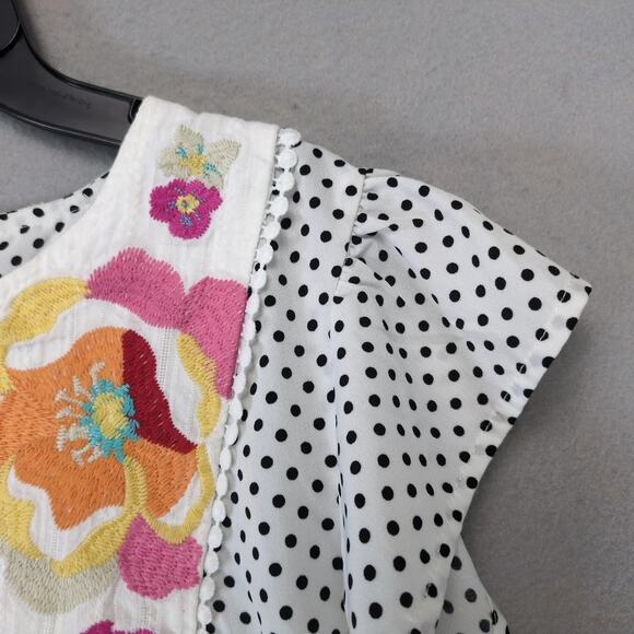 Savanna Jane Floral Embroidered Blouse Women's L B&W Polka Dot Babydoll Top Boho - Picture 10 of 10